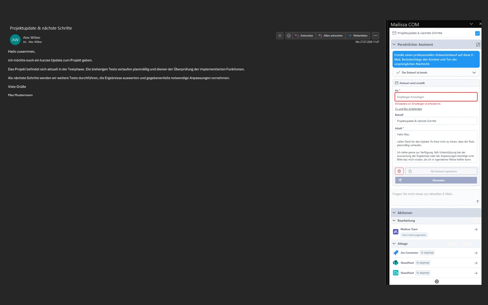 Mailissa Persönlicher Assistent in Outlook: KI-Prompt für einen Antwortentwurf und fertiger Antworttext zum Prüfen und Senden.